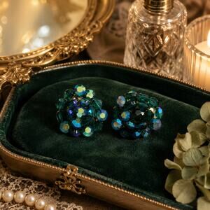 Vintage Green Aurora Borealis Cluster Clip On Earrings Gold Tone Statement